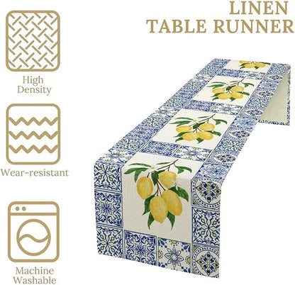 Yellow Lemon Table Runner, Blue Tiles Summer Holiday Tasty Fruit Healthy Fruit Vintage Watercolor Rustic Botanic Table Cover for Party Picnic Dining Room Kitchen, 13x36inch