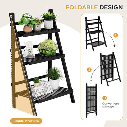 oakvivo 39.4" Foldable Plant Shelf Ladder Shelf, 3 Tier Bamboo Ladder Flower - Image 4