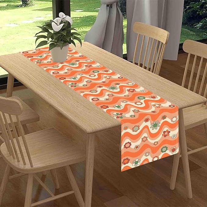 70s Table Runner, Retro Groovy Hippie Daisy Floral Orange Wave Funky Trippy Coffee Table Center Decor for Home Kitchen Dining Patio Holiday Party Indoor Outdoor Table Decorations, 13"x72" Inch