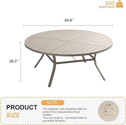 VICLLAX Round Patio Table with Adjustable Umbrella Hole for 8, All Weather Metal Outdoor Dining Table for Lawn Garden, 59.8" Outdoor Coffee Table, Cream Color Frame