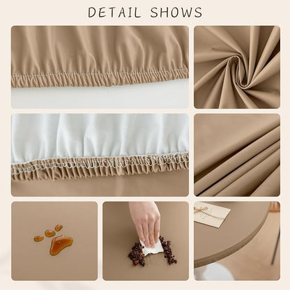 Round Fitted PU Tablecloth with High Elastic Edge 43 Inch Dia Waterproof Oil Proof Table Cloth Anti-scald Stain-Resistant Wipeable Table Cover for Indoor Outdoor Picnic (Cream Coffee,43"Dia)
