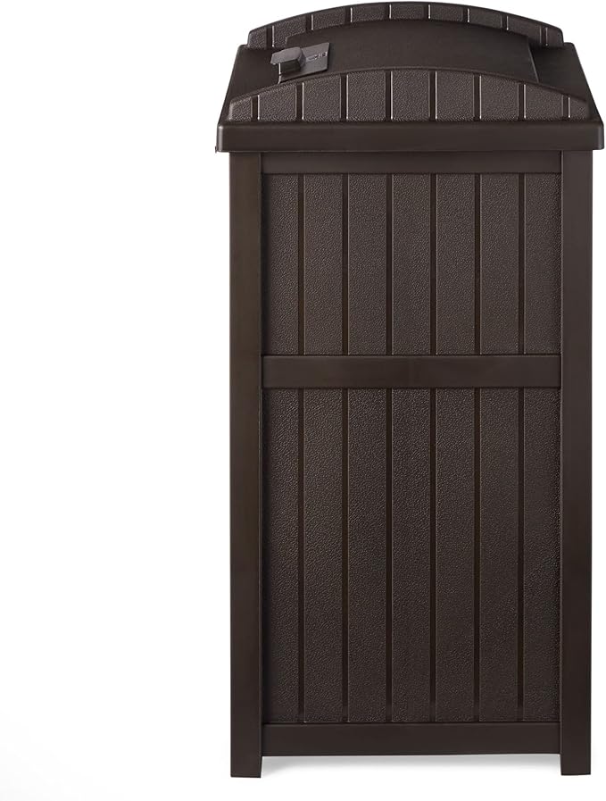 Suncast 5 Pack 33 Gallon Durable Plastic Hideaway Outdoor Garbage Can with Secure Lid & Wicker Design for Home Backyards, Decks, or Patios, Java Brown