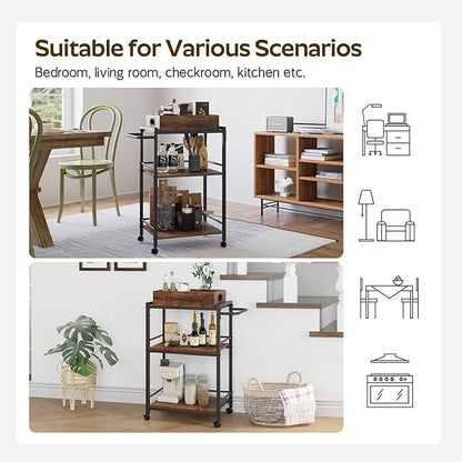 3-Tier Bar Cart for The Home, Rolling Cart with Wheels and Handle, 3-Tier Serving Cart with Removable Tray, Kitchen Carts on Wheels with Storage
