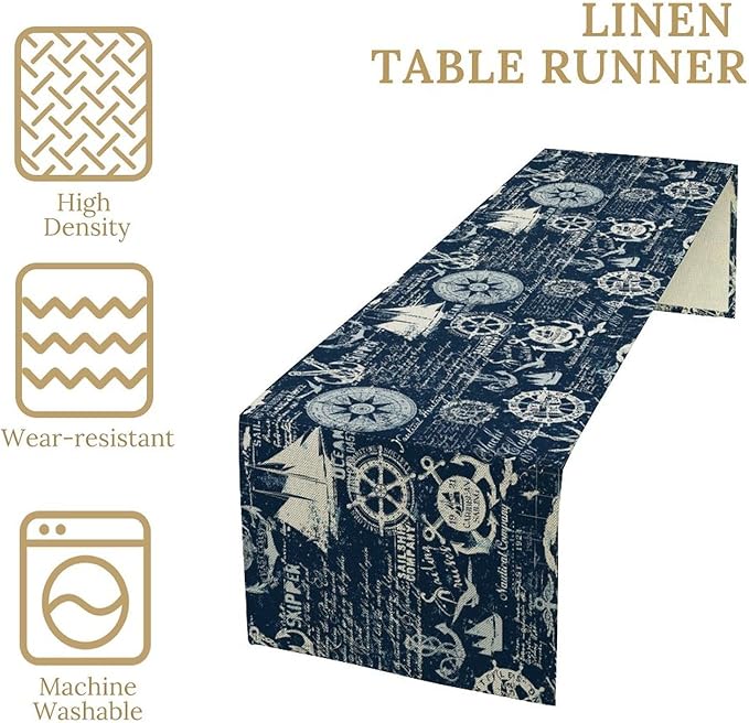 Marine Ship Table Runner, Nautical Pattern Seasonal Farmhouse Sea Rustic Kitchen Dining Table Decoration for Holiday Home Party Festival 13x120in