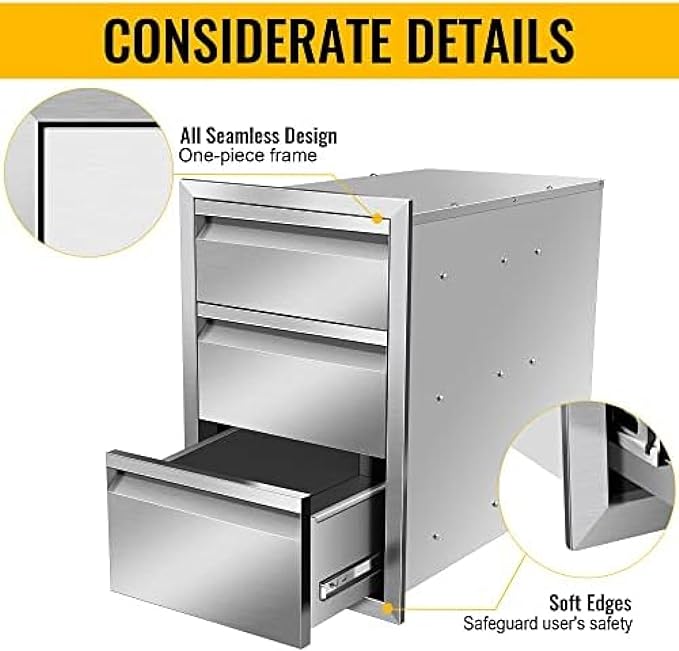 Outdoor Kitchen Drawers, Flush Mount Triple Access BBQ Drawers With Stainless Steel Handle, BBQ Island For BBQ Island Patio Grill Station,Three Drawers