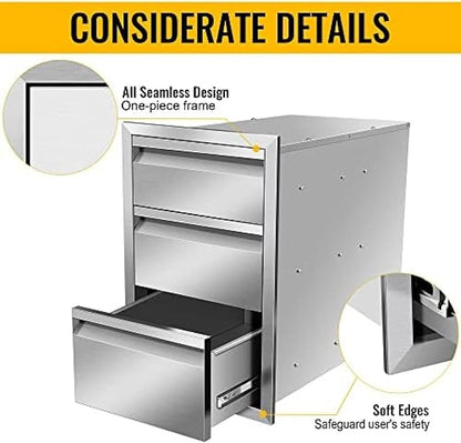 Flush Mount Stainless Steel Double Drawers with Recessed Handles for Outdoor Kitchens Or BBQ Island,-14W X 21H X 23D Inch
