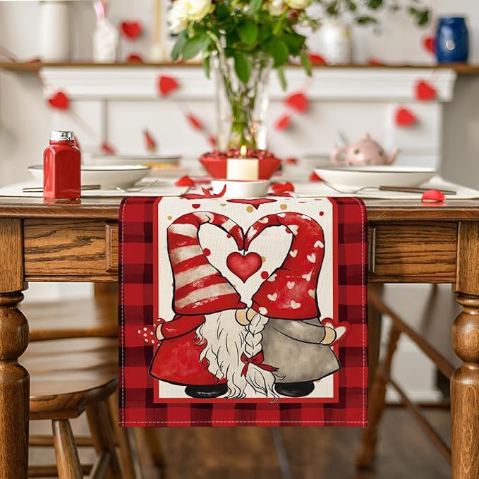 Artoid Mode Red Watercolor Hearts Gnomes Love Valentine's Table Runner, Seasonal Anniversary Wedding HoliKitchen Dining Table Decoration for Indoor Outdoor Home Decor 13x72 Inch