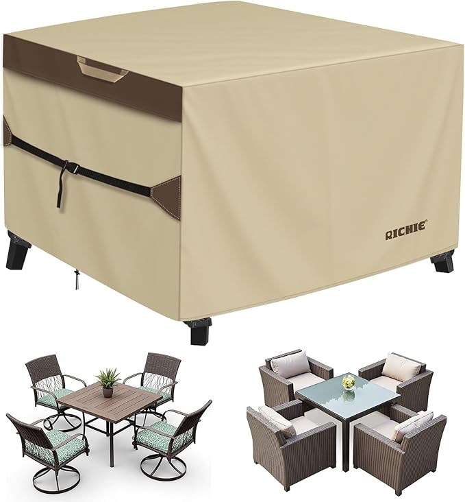 Outdoor Patio Furniture Cover - Heavy Duty Waterproof 600D Tough Canvas Protector for Square Table Cover, All-Season Dining Table and Chair Cover (74L x 74W x 28H Inch)