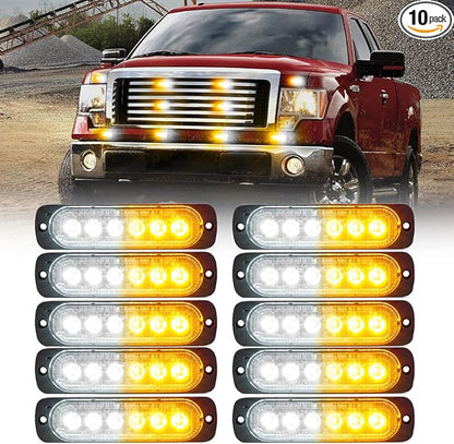Xprite 10PCS LED Emergency Strobe Lights, Amber White 12-LED Surface Mount Flashing Lights, Sync Feature Ultra Slim Grill Light for Off-Road Vehicles, ATV, SUV, Trucks, Cars