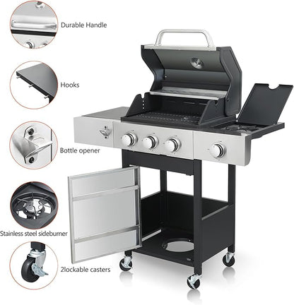 3-Burner Gas Grill with Side Burner, 37230 BTU Outdoor BBQ, Large Cooking Area with Enameled Cast Iron Grates, Locking Wheels & Foldable Side Tables for Patio & Backyard(3+1 Burner)