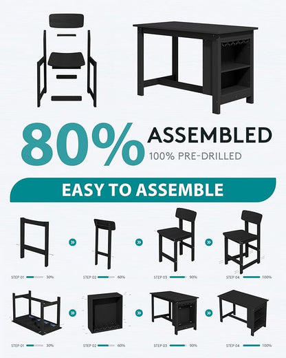 SERWALL 10-Piece HDPE Counter Height Dining Table Sets with Storage and Wine Rack, 2 Rectangular Bar Table with Bar Stools Set of 8 for Garden, Backyard, Kitchen, Black