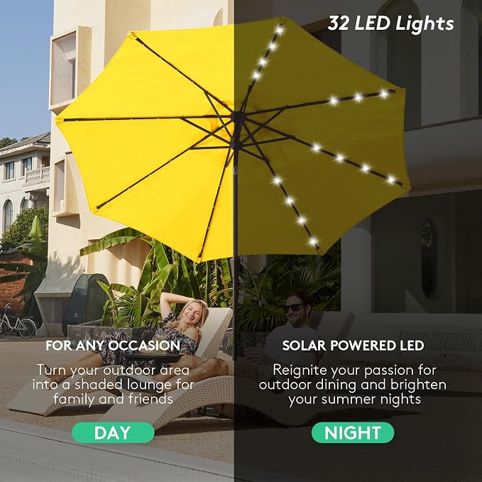 JEAREY 9' Patio Umbrella with Solar Lights, LED Umbrella, Lemon | Outdoor Table - Image 6