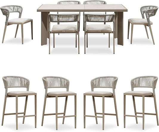 PURPLE LEAF 7 Pieces Outdoor Dining Set Patio Table and Chairs Set Aluminum Rattan Wicker Patio Furniture Set for Lawn Backyard Deck Champagne with Counter Stools