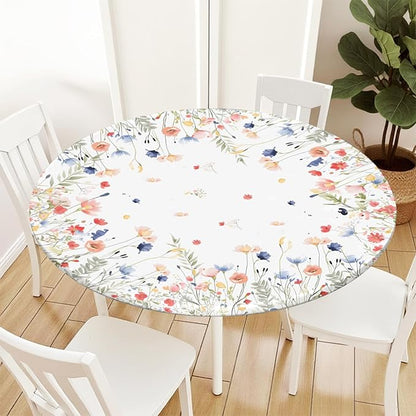 Spring Summer Floral Round Fitted Tablecloth with Elastic Watercolor Farmhouse Wildflower Circle Table Cloth for 36-40" Tables Wipeable Waterproof Easter Flower Table Cover for Picnic Dining Outdoor