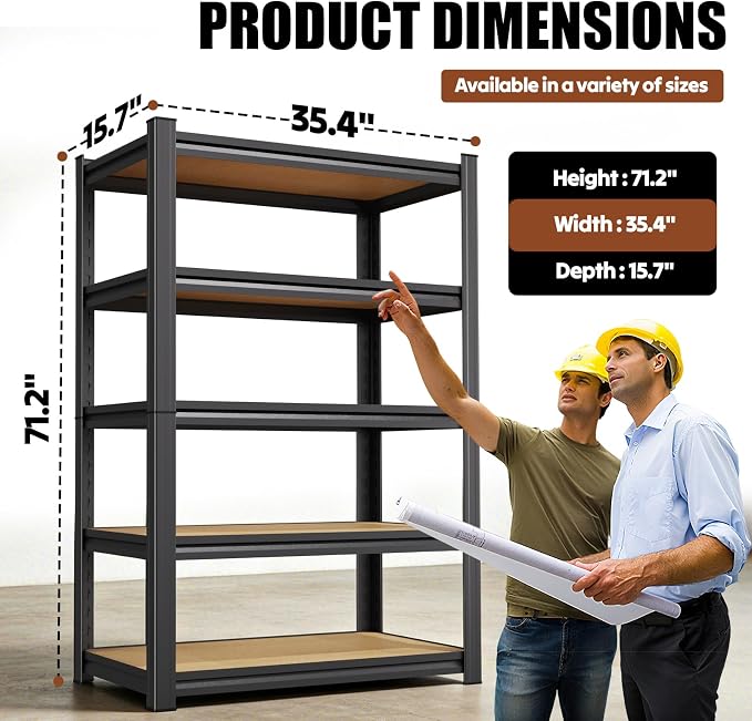 71.2" H Wood Garage Shelving, Adjustable Storage Shelves, 5 Tier Standing Metal - Image 2