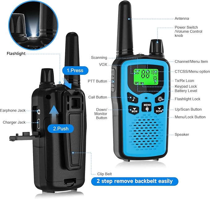 Rechargeable Walkie Talkies Long Range for Adults, Walky Talky VOX with 22 FRS Channels, 99 Privacy Codes Two Way Radio,1200mAh Li-ion Battery, for Camping Hiking Emergency (2 Pack Colorful)