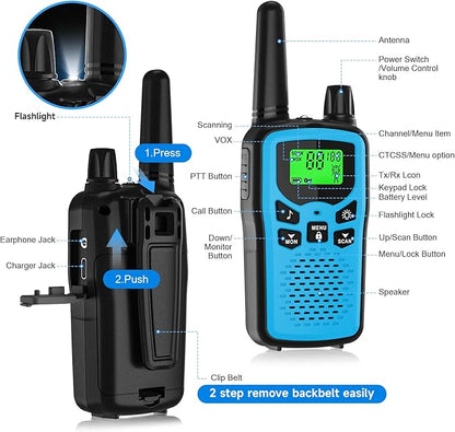 Rechargeable Walkie Talkies Long Range for Adults, Walky Talky VOX with 22 FRS Channels, 99 Privacy Codes Two Way Radio,1200mAh Li-ion Battery, for Camping Hiking Emergency (4 Pack Colorful)