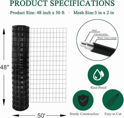 Black PVC Coated Welded Wire Fence 48 Inch x 50 Foot, 2 Inch x 3 Inch 16GA, Garden Border Fencing Roll Vinyl Coating Metal Wire Mesh for Yard Vegetable Plant Protection Poultry Netting