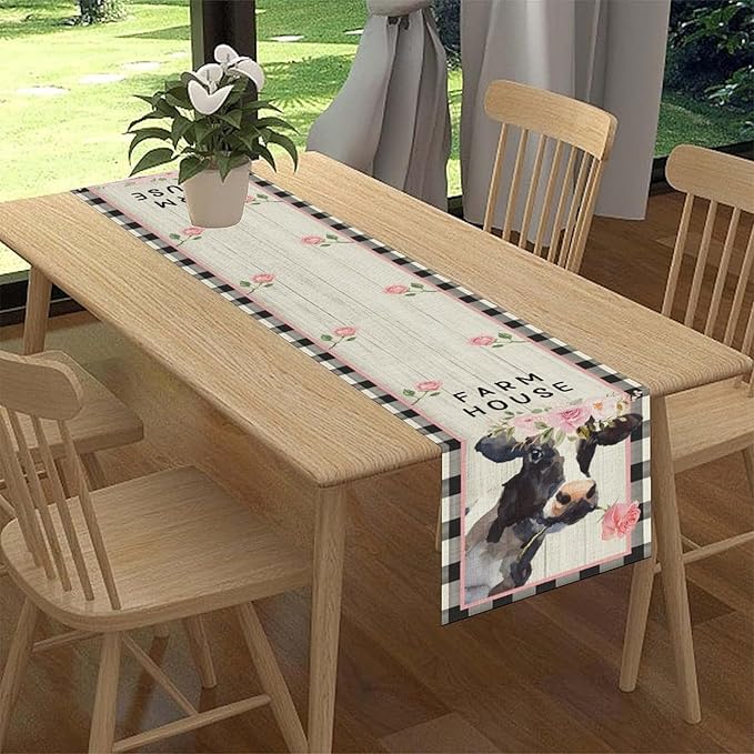 Cow Farmhouse Table Runner, Rustic Black White Plaid Buffalo Animals Flower Rose Farm Coffee Table Center Decor for Family Kitchen and Living Room Country Holiday Party Table Decorations, 13" X 108"