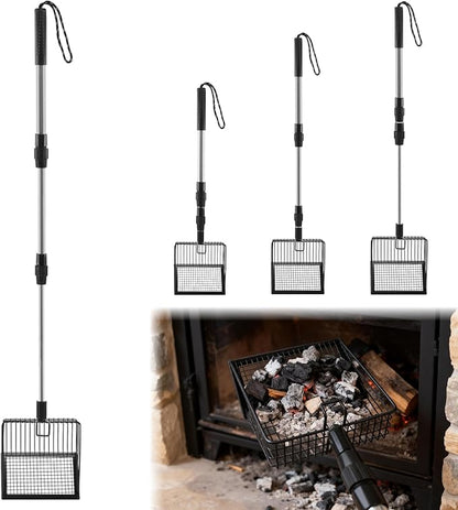 Long Handle Fireplace Ash Sifter, Hollow Out Metal Coal Shovel with 3-Section Adjustable Handle, Heat Resistant Charcoal Shovel Scoop for Wood Stove, Fireplace, Fire Pit and Grill