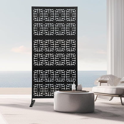 75" H×35" W Decorative Outdoor Privacy Screen with Stand, Outdoor Decor Privacy Fence Screen Metal Fence Panels, Free Standing Metal Divider for Patio Lawn Deck (Black-Orchid)