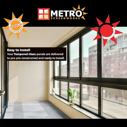 Metro Screenworks Framed Tempered Glass Panel for Porch & Patio Panels, Outdoor Enclosures, (30-1/2" x 6-1/4", Tan) Enclose Your Porch with Tempered Glass Panels - Glass Panel Replacement