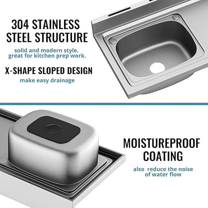 Stainless Steel Sink, Free Standing Kitchen Sink with Countertop Workstation, Utility Sink Single Bowl with Cold and Hot Water Pipe for Kitch Laundry Room Garage Farmhouse Indoor Outdoor (39 Inch L)