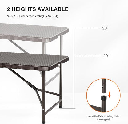 VINGLI 4 FT Plastic Folding Camping Table, Portable in/Outdoor Party Picnic Dining Desk,Garden Soccer Multipurpose Entertaining Activities, Brown