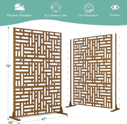 Metal Privacy Screen for Outdoor & Indoor Use, Free Standing Privacy Screen for Patio Garden Pool, 72" H x 47" W Decoative Privacy Panels, Weather Resistant, Easy Assembly (Brown Helen Street)