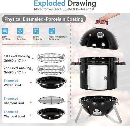 GREEN PARTY 18" Vertical Charcoal Smoker Grill Bullet Water Smoker Barbeque Grill, Outdoor BBQ Smokers Portable Meat Smoker Grill for Deck Patio Backyard Balcony Parties