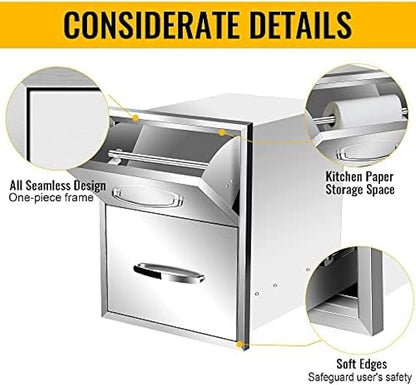 BBQ Outdoor Kitchen Drawers Stainless Steel 3-Drawer BBQ Drawer Enclosed Built-in Drawer Flush Mount for Outdoor Kitchens & BBQ Islands,16Wx20Dx20H