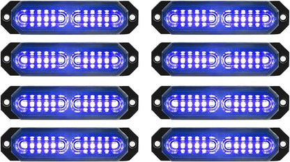 ASPL 8pcs Sync Feature Ultra Slim 12-LED Surface Mount Flashing Strobe Lights for Truck Car Vehicle LED Mini Grille Light Head Emergency Beacon Hazard Warning Lights (Blue)