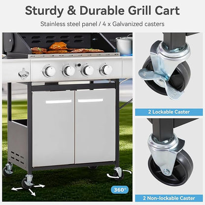 GREEN PARTY 4 Burner BBQ Propane Gas Grill with Side Burner & Porcelain-Enameled Cast Iron Grates, 545 SQIN Grilling Area 42,000 BTUs Barbecue Grill for Outdoor Cooking Garden Patio Backyard, Silver