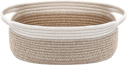 Woven Basket,Small Rope Storage Bin with Handles & Ribbon Bag, Organizer for Shelves Closets,Gift Basket Empty for Birthday,Books,Dog Toys, White&Oatmeal