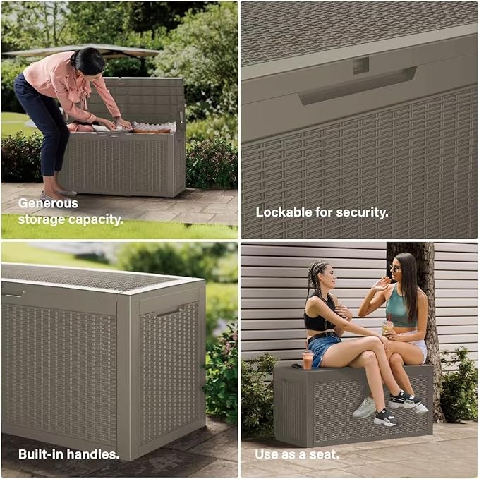 320 Gallon Resin Deck Box, Waterproof Outdoor Storage Box for Patio Furniture Cushions, Garden Tools, and Pool Accessories, Large Lockable UV-Resistant Storage Bin Bench Cabinet for Outside, Grey