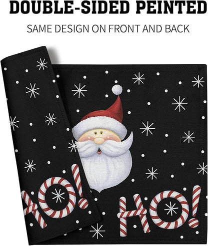 Giwawa Christmas Placemats Set of 4, Santa Claus Laugh Winter Snowflake Black Table Mat 12x18 Inch, Xmas Sweet Candy Cane Stick Heat Resistant Washable Place Mats for Dining Kitchen Holiday Decor
