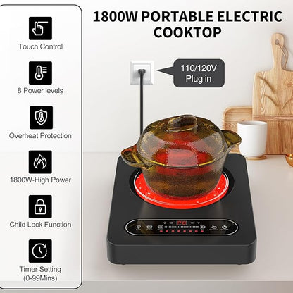 Single Burner Electric Cooktop,110V 1800W Electric Stove Top with LED Touch Control,10 Power Levels, Timer, Safety Lock,Portable cooktop