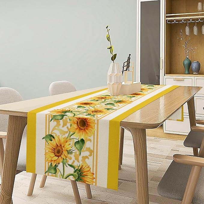 Yellow Sunflower Table Runner, Spring Summer Seasonal Floral Farmhouse Rustic Vintage Flower Print Table Cover for Home Kitchen Dining Table Decor Party, 13x70inch