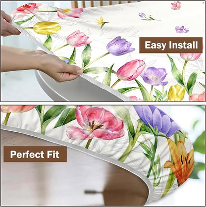 Spring Summer Easter Round Fitted Tablecloth with Elastic Edge Tulip Lavender Floral Circle Table Cloth for 40-44" Tables Wipeable Waterproof Farmhouse Flowers Table Cover for Picnic Dining Outdoor