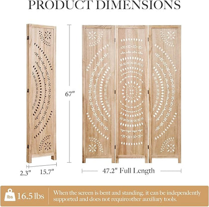 66.9Inch Folding Room Divider, 3 Panels Wood Carved Privacy Screens, Free Assembled Freestanding Partition for Home Office Restaurant Bedroom (Natural)