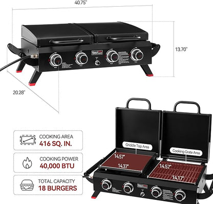 Royal Gourmet GD4002TP 4 Burner Propane Gas Grill and Griddle Combo with Hood, 2-in-1 Portable Grill Griddle Combo with 40,000 BTUs Output for Camping, Tailgating, Backyard, Black