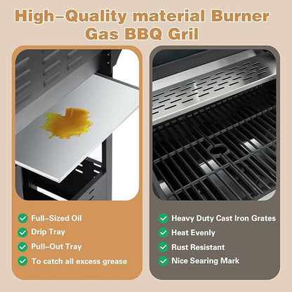 Endark 3-burner propane grill, 37,000 BTU with side-fire function. Stainless steel, enameled cast iron grate, thermometer, wheels. Perfect for patio and garden cooking