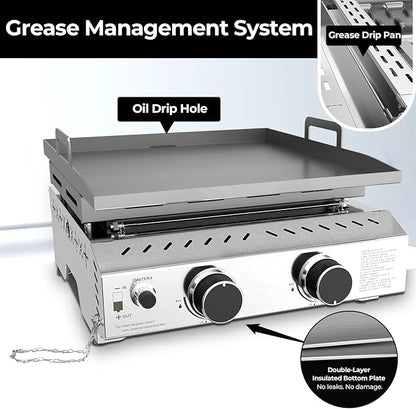 R.W.FLAME 2 Burner Tabletop Propane Griddle, 23" Stainless Steel Gas Griddle, 16,000 BTU Flat Top Grill for Outdoor BBQ,Camping & Patio Gatherings
