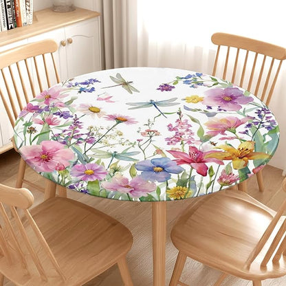Spring Summer Floral Round Fitted Tablecloth with Elastic Wildflower Dragonfly Circle Table Cloth for 48-52" Tables Farmhouse Easter Flowers Stretch Waterproof Table Cover for Picnic Outdoor Dining