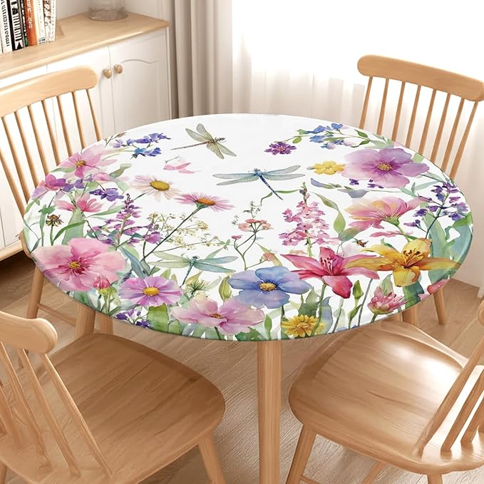 Spring Summer Floral Round Fitted Tablecloth with Elastic Wildflower Dragonfly Circle Table Cloth for 36-40" Tables Farmhouse Easter Flowers Stretch Waterproof Table Cover for Picnic Outdoor Dining