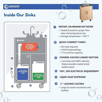 Ozark River Portable Sinks Premier 1D, Deep Stainless Sink Basin-Laminate Countertop-Maple Laminate, Self Contained Sink, Portable Sink with Hot Water, Portable Sink Hand Wash Station