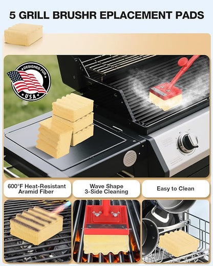 Grill Brush Bristle Free, Safe Non Metal Wire with Scraper 5 Replacement Heads, Steam Grilling Grate Cleaning Tool, Wireless Bbq Cleaner Accessory Kit Set, Outdoor Cast Iron Barbecue/Barbeque Scrubber