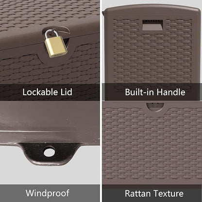 80 Plus Gallon Resin Deck Box, Waterproof Outdoor Storage Box for Patio, Poolside, and Garden, Lockable UV-Resistant Storage Bin Bench Cabinet for Small Spaces, Brown