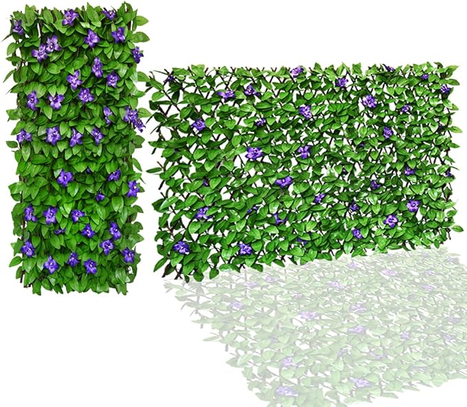 Expandable Fence Privacy Screen for Balcony Patio Outdoor,Decorative Faux Ivy Fencing Panel,Artificial Hedges (Single Sided Leaves) (1, Green Flowers)