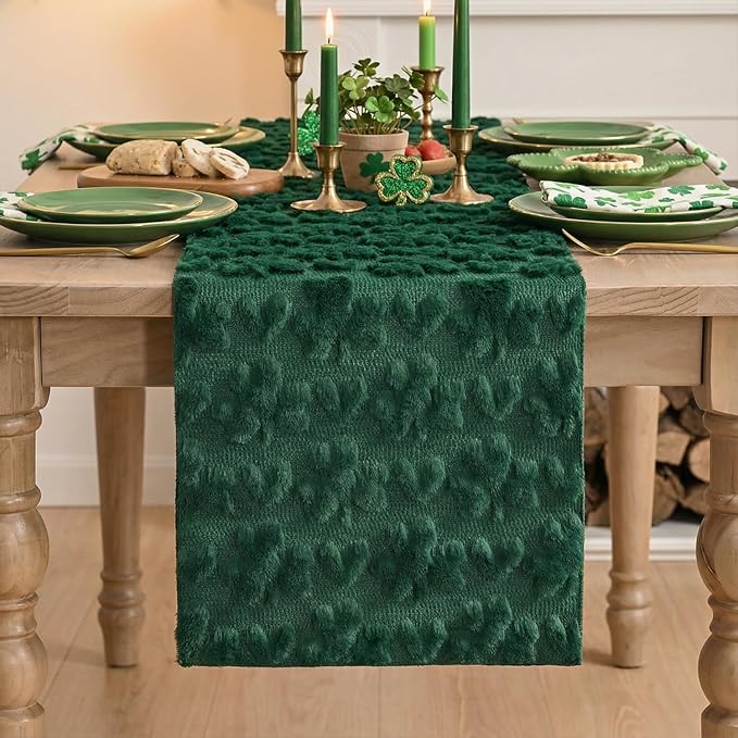 Artoid Mode Green Soft Plush Faux Fur Jacquard Heart Clover St. Patrick's Day Table Runner, Seasonal Kitchen Dining Table Decoration for Home Party Decor 13x108 Inch